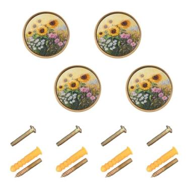 Imagem de Burbuja Pintura a óleo de girassóis maçanetas de armário de cozinha, pacote com 4, puxadores redondos de 3,5 cm, puxadores de cômoda com parafusos para armários de cozinha, quarto, armário
