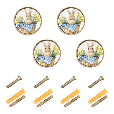 Imagem de Burbuja Puxadores de armário de cozinha com flor de coelho, pacote com 4, puxadores redondos de 3,5 cm, puxadores de cômoda com parafusos para cozinha, quarto, armários, armário