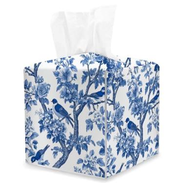 Imagem de Chinoiserie Capa quadrada de caixa de lenços de papel, floral azul e pássaro, organizador de papel facial de couro para decoração de mesa, organizador de papel para banheiro, casa, carro, mesa de