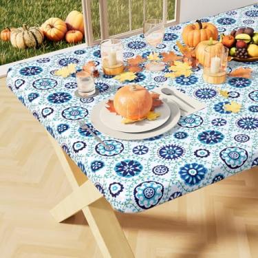 Imagem de misaya Toalha de mesa retangular de vinil, capa de mesa ajustada, 100% à prova d'água, borda elástica, forro de flanela, toalha de mesa para mesas dobráveis para piquenique, ao ar livre (mandala