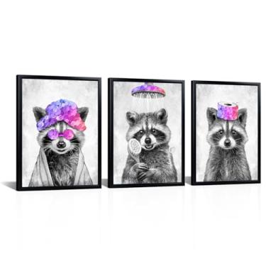 Imagem de Kalormore Quadro de guaxinim emoldurado de 3 peças moderno com tema de banheiro impressões em tela arte presente educacional decoração de casa ideia de presente para berçário e banheiro