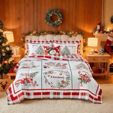 Imagem de Conjunto de edredom de Natal, Queen, 3 peças, vermelho, verde, xadrez, boneco de neve, cervo, árvore, jogo de cama reversível com fronhas