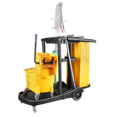 Imagem de Carrinho de limpeza comercial, carrinho de limpeza de limpeza comercial, carrinho de limpeza de plástico, saco de vinil amarelo, para equipamentos de limpeza de transporte (52 * 95 * 98 cm/20,4 * 37,4