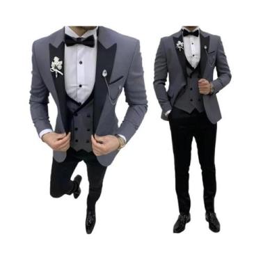 Imagem de Terno Slim Fit Branco Para Homens 3 Peças Com Paletó De Lapela Preta, 