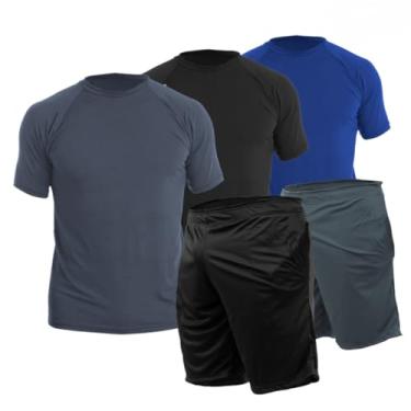 Imagem de 3 Camisetas Manga Curta + 2 Calções Masculino Bermuda com Bolso Proteção Solar UV50 (G, Cinza-Preto-Azul-Preto-Cinza)