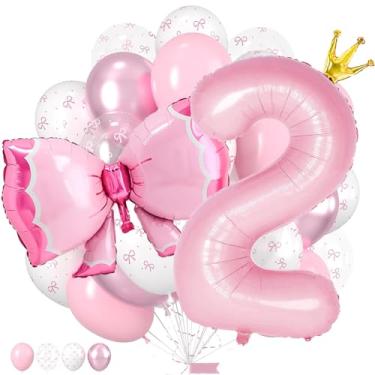 Imagem de Decorações de aniversário de laço rosa, balões de coquete, 2 balões com número de 101 cm com coroa, balões de arco branco transparente rosa de 30 cm para decorações de 2 anos de menina