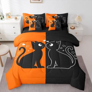 Imagem de Jogo de edredom solteiro fofo de gato preto com lençol (laranja e preto) | Jogo de cama de 7 peças para casais amantes, romântico, gatos kawaii, animais de estimação