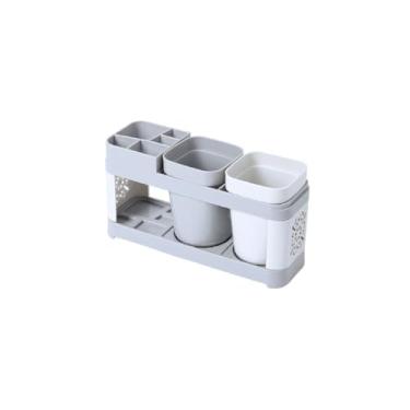 Imagem de Suporte de escova de dentes de banheiro suporte de escova de dentes multifuncional suporte de pasta de dente de bancada cinza e branco rack de armazenamento de escova de dentes rack de armazenamento