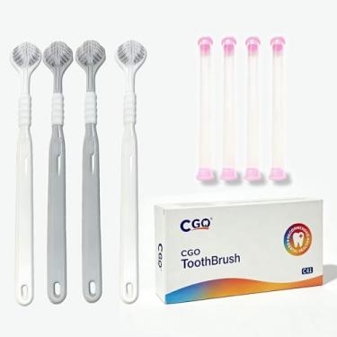 Imagem de Pacote com 4 escovas de dentes para cães de três lados, escova de dentes de limpeza de três lados para cães grandes, cerdas extra macias e estojo de viagem, kit de escova de dentes para animais de