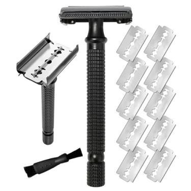 Imagem de Yinhing Navalha de Barbear Manual para Homens, Lâmina de Segurança Dupla Com 10 Lâminas de Reposição, Cabo Longo Tradicional para Barbear Suave (arma preta)