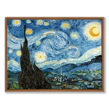 Imagem de WENGTIAO Arte de parede em tela emoldurada Noite Estrelada Van Gogh Pintura a óleo Azul Paisagem Impressão Pós-Impressionismo Reprodução Famosa Imagens Modernas Arte para Sala de Estar Quarto 40 x 61