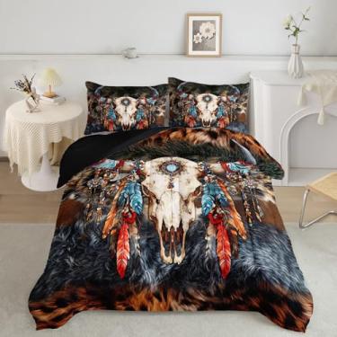 Imagem de AILONEN Jogo de cama solteiro de caveira de touro, pele de vaca, ocidental, étnico, tribal, boêmio, estampa de pele selvagem, 3 peças, 1 edredom com 2 fronhas