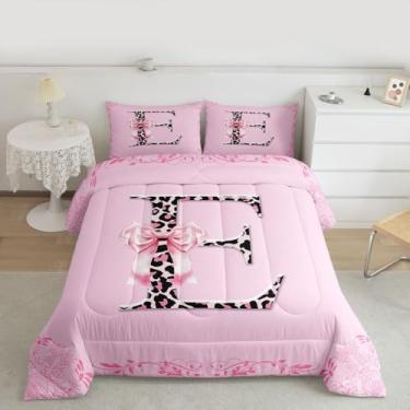 Imagem de Feelyou Conjunto de edredom com letra E para todas as estações, estampa de leopardo, com 2 fronhas, laço, alfabeto, microfibra, roupa de cama de casal de pele de guepardo, edredom macio