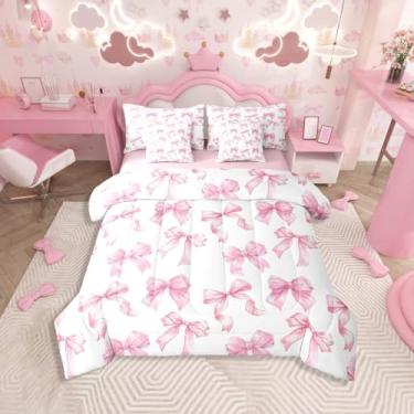 Imagem de Erosebridal Jogo de cama com laço rosa fofo para meninas, conjunto de edredom queen com laço de coquete sonhador, 7 peças, feminino, estilo princesa, em uma bolsa com lençóis, fofo, kawaii, rosa, para