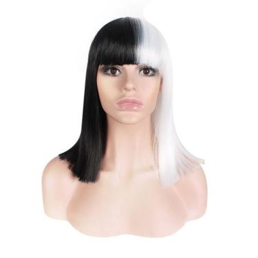 Imagem de Peruca de cosplay curta em preto e branco dividida 35 cm para adolesce