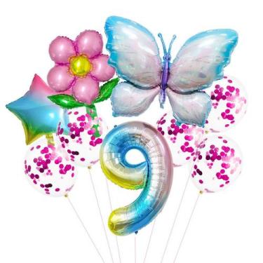 Imagem de Conjunto de balões Butterfly & Flower Foil 9th Birthday Party x9 - yiw