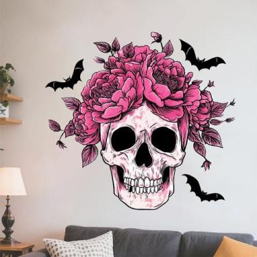 Imagem de Adesivos de parede Caveira de Halloween com flores cor de rosa PVC 34x