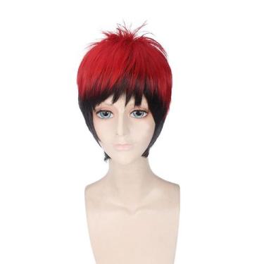 Imagem de Peruca de cosplay curta vermelha e preta com corte em camadas de 35 cm