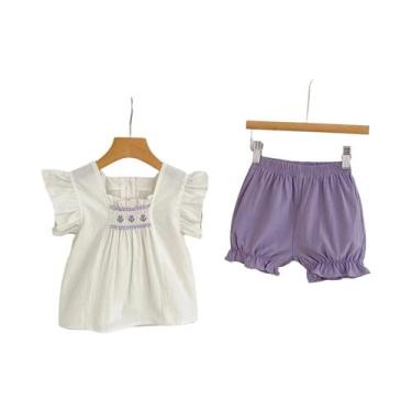 Imagem de Conjunto De Bebê Bordado Com Flores Para Meninas, Camisa E Shorts PP 2