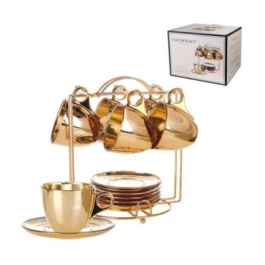 Imagem de Jogo 6 Xícaras Chá 170ml Vidro C/ Pires e Suporte Dourada - Hauskraft