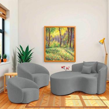 Imagem de Kit Recamier Curvo Sala De Estar 150cm Lado Esquerdo E 2 Poltronas Orgânica Luxo Amore Bouclé Cinza