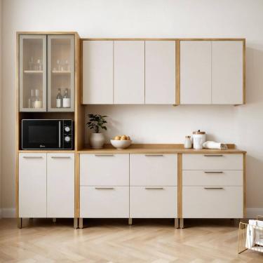 Imagem de Cozinha Completa Modulada 5 Peças com Vidro Reflecta 10 Portas 6 Gavetas Nobre Cinamomo/Off White