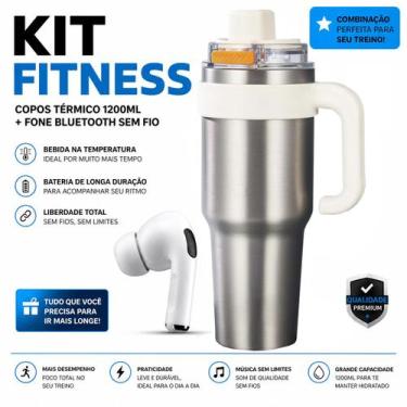 Imagem de Kit Academia Copo Térmico 1200ml Inox com Alça e Canudo + Fone de Ouvi
