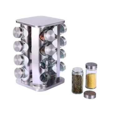 Imagem de Porta Condimento Giratório Inox e Vidro com 16 Potes + Suporte Tempero