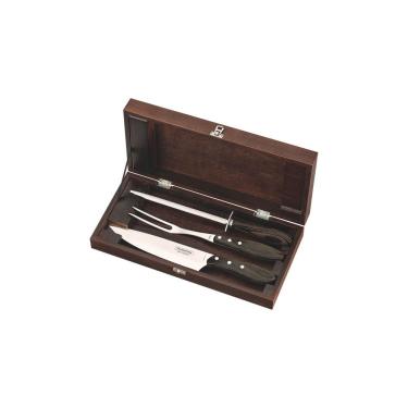 Imagem de Kit Churrasco Polywood 4 Pecas Corte Aco Inox Cabo Castanho Chaira Estojo Madeira Marrom Tramontina