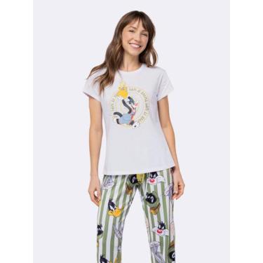Imagem de Pijama Manga Curta com Calça Feminino Looney Tunes, Branco, XG, Femini
