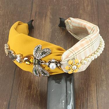 Imagem de QINGZHUSHOP Faixa de cabelo feminina moda abelha faixa de cabelo tecido costura faixa de cabelo feminina strass arco de cabelo para mulheres acessórios de casamento tiara pérola (cor do metal: amarelo)