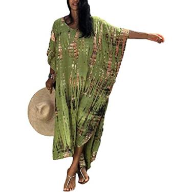 Imagem de Venasha Caftan feminino plus size caftans casual gola V caftans longo macio praia maxi vestido para o verão, A Grass Green, GG