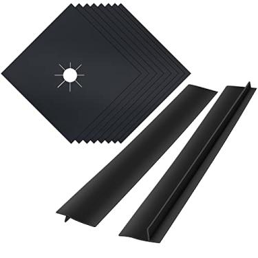 Imagem de Capas de fogão, forros de fogão a gás, MSDADA 8 peças pretas 27 x 27 cm protetores de fogão a gás com 2 peças pretas de 63,5 cm de espessura, 0,2 mm de espessura dupla, reutilizável, antiaderente,
