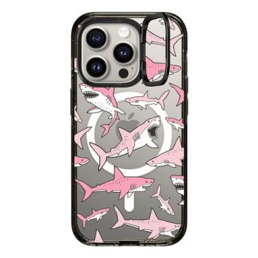 Imagem de CASETiFY Capa com suporte de anel de impacto para iPhone 15 Pro [testado em grau militar 3X / proteção contra quedas de 2 m/compatível com Magsafe] - impressões de animais - tubarões rosa - preto