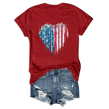 Imagem de Camisetas patrióticas femininas Dia da Independência 4 de julho top bandeira americana coração gráfico túnica 2024 verão casual blusa, Vermelho, M