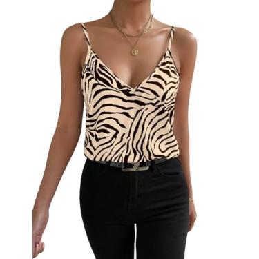 Imagem de BEAUDRM Camiseta feminina listrada zebra sem mangas gola V alças finas casual, Damasco, P