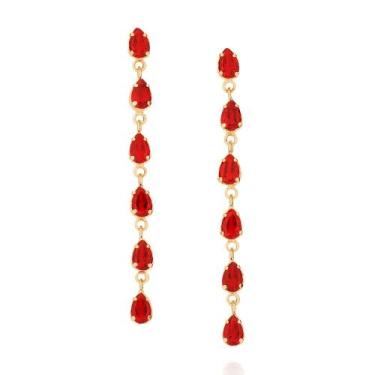 Imagem de Brinco Rommanel Cristais Gotas folhado a ouro 526742, Vermelho