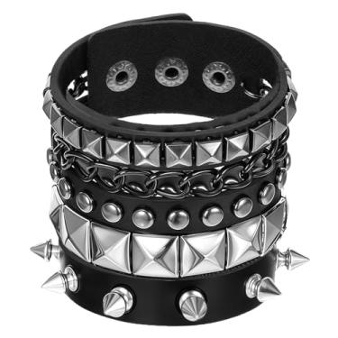 Imagem de YUXIANLB Conjunto de 3 pulseiras punk rock cravejadas, punho cravejado dos anos 80, acessórios de joias góticas, pulseira ajustável, One Size, Poliuretano, Sem Pedra Preciosa