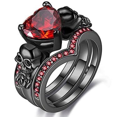 Imagem de GTISKL Conjunto de anéis pretos de caveira gótica, flor rosa, vermelho, roxo, coração, amor, cristal, zircônia, Natal, noivado, dia das mães, coquetel, joia de motociclista, ouro preto, zircônia