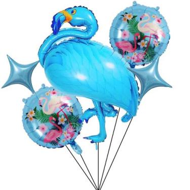 Imagem de Kit Balão Metalizado Flamingo Azul + Balão Estampado Redondo + 2 Estre