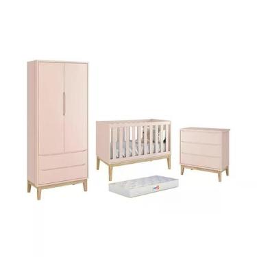 Imagem de Dormitório Classic 2 Portas Rosa com Pés Madeira Natural e Colchão D18