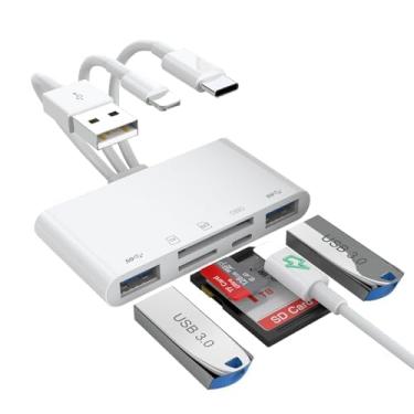 Imagem de LBSC Leitor de cartão SD 5 em 1 – Leitor de cartão de memória universal para iPhone, Android, USB-C, com 3 portas de cabo de dados e velocidade USB 3.0, compatível com MacBook, laptop e PC