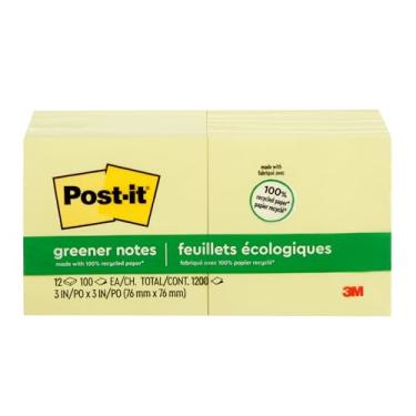 Imagem de Post-it Notas mais verdes, 7,6 x 7,6 cm, 12 blocos, notas adesivas favoritas dos EUA, amarelo canário, remoção limpa, material 100% reciclado (654-RP)