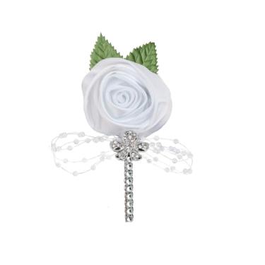 Imagem de Broche de noiva de cetim flor rosa para mulheres homens tecido folha pérolas strass flor artificial padrinhos noivo vestido de festa de casamento terno buquê corsage broches alfinetes joias delicadas