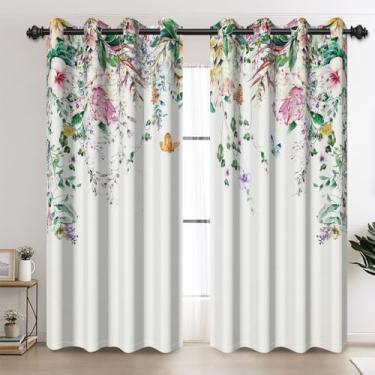 Imagem de AOFOTO Cortinas de janela blackout com flores rosa e verde, folhas florais botânicas com borboletas e ilhós, conjunto de cortinas e cortinas para quarto, sala de jantar, sala de estar, 106 x 163 cm, 2