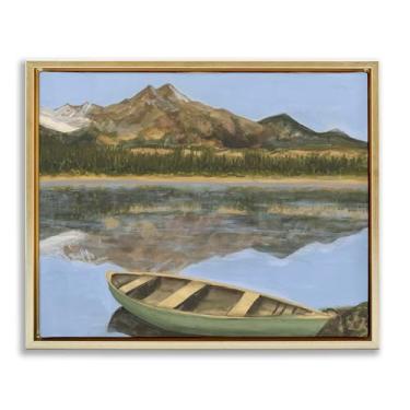 Imagem de Stupell Industries Arte de parede em tela flutuante emoldurada dourada com vista de canoa do lago alpino por Michael Willett, 89 x 63 cm