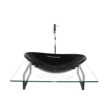 Imagem de Kit Cuba Vidro Oval Preta Tampo 60Cm Incolor E Suporte Preto