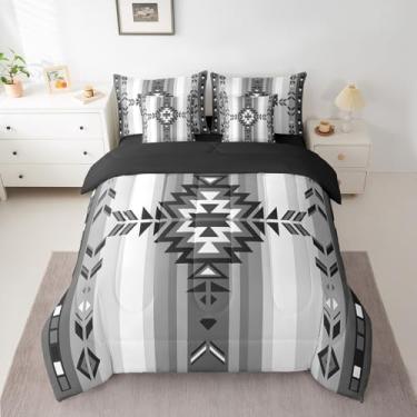 Imagem de Conjunto de cama de 7 peças Southwest Native para meninos e meninas, geométrico do sudoeste, inclui edredom, lençóis, fronhas e fronhas, cinza ombré, cama tribal tamanho queen em uma bolsa, decoração