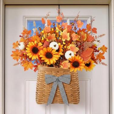 Imagem de Dingion Cesto de guirlanda de porta de outono com girassóis artificiais, guirlanda de outono e folhas de outono, bagas e pinhas para portas da frente, armários de janelas e decorações de paredes