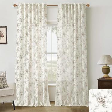 Imagem de Conjunto de 2 painéis de cortinas estampadas, 2 painéis, linho transparente, marrom, creme, bege, floral, casa de fazenda, vintage, pradaria antiga, campo, cortinas primitivas para sala de estar e